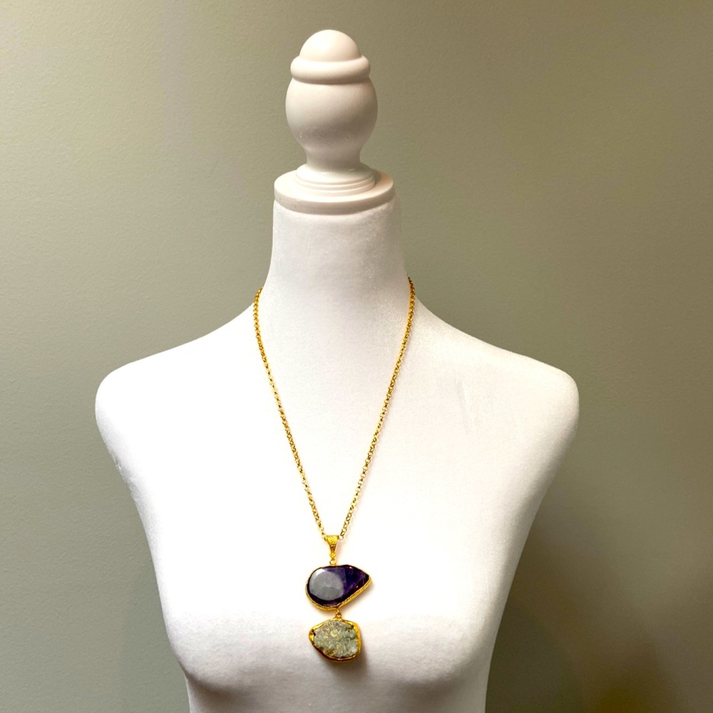 Natural Purple and Grey Stone on Gold Ton Chain Necklace.